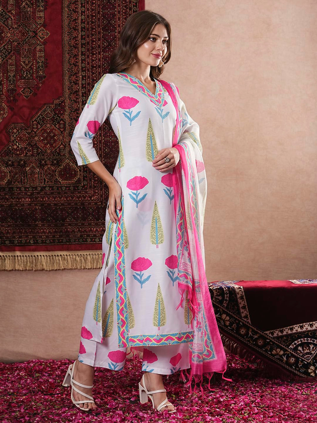 ANNI DESIGNER Women s Rayon Blend Printed Straight Kurta with Pants and Dupatta, white, 36