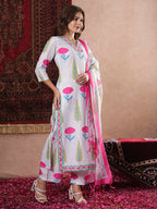ANNI DESIGNER Women s Rayon Blend Printed Straight Kurta with Pants and Dupatta, white, 36