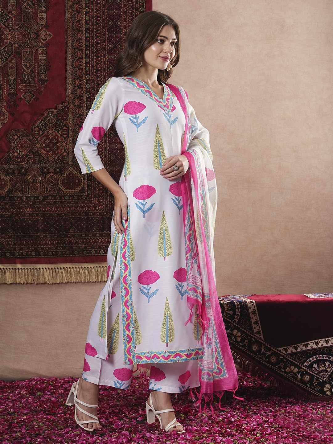 ANNI DESIGNER Women s Rayon Blend Printed Straight Kurta with Pants and Dupatta, white, 36