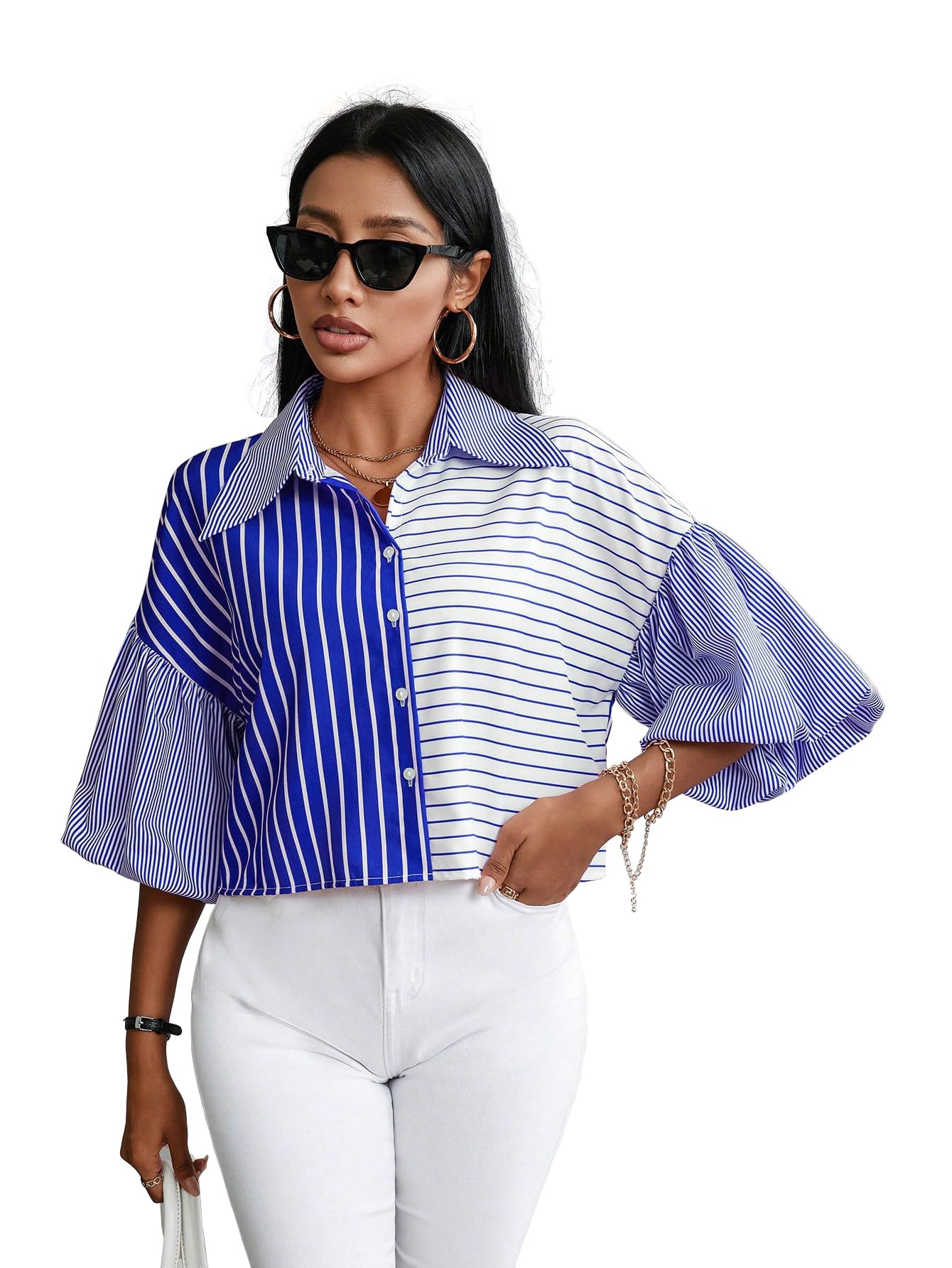 Shasmi Womens Random Striped Print Button Up Casual Shirt with Lapel Collar, Womens Fashion Striped Design Versatile Short Bat