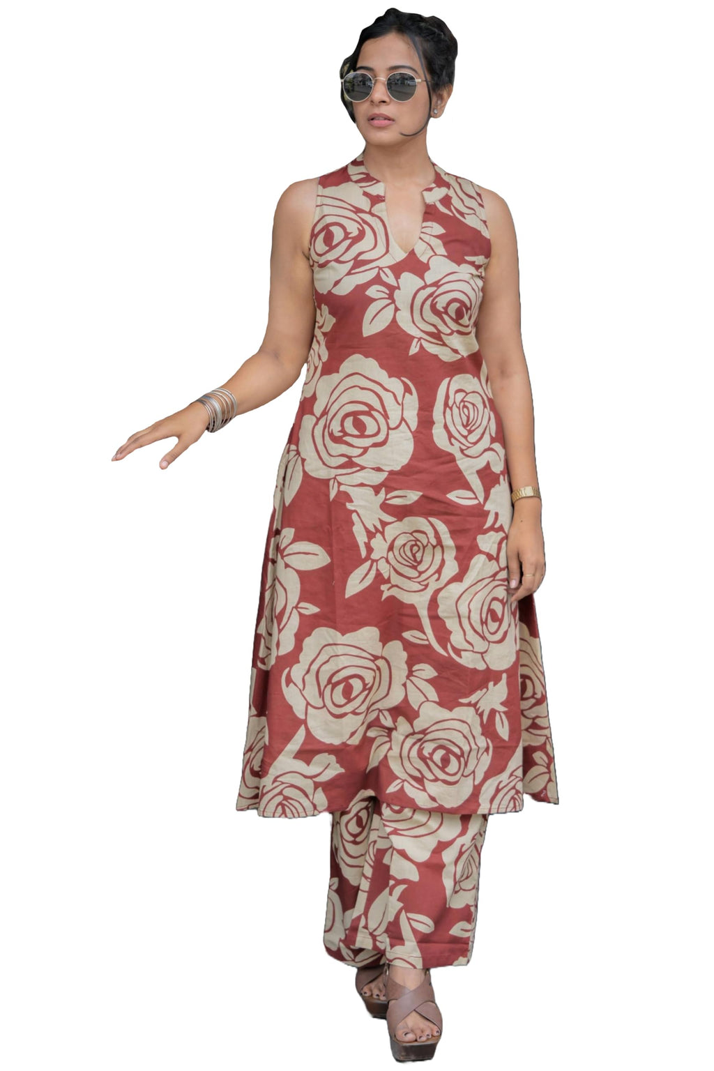 ANNI DESIGNER Womens Rayon Viscose A-Line Printed Kurta with Palazzo (AADAT RED_L_Red_Large)