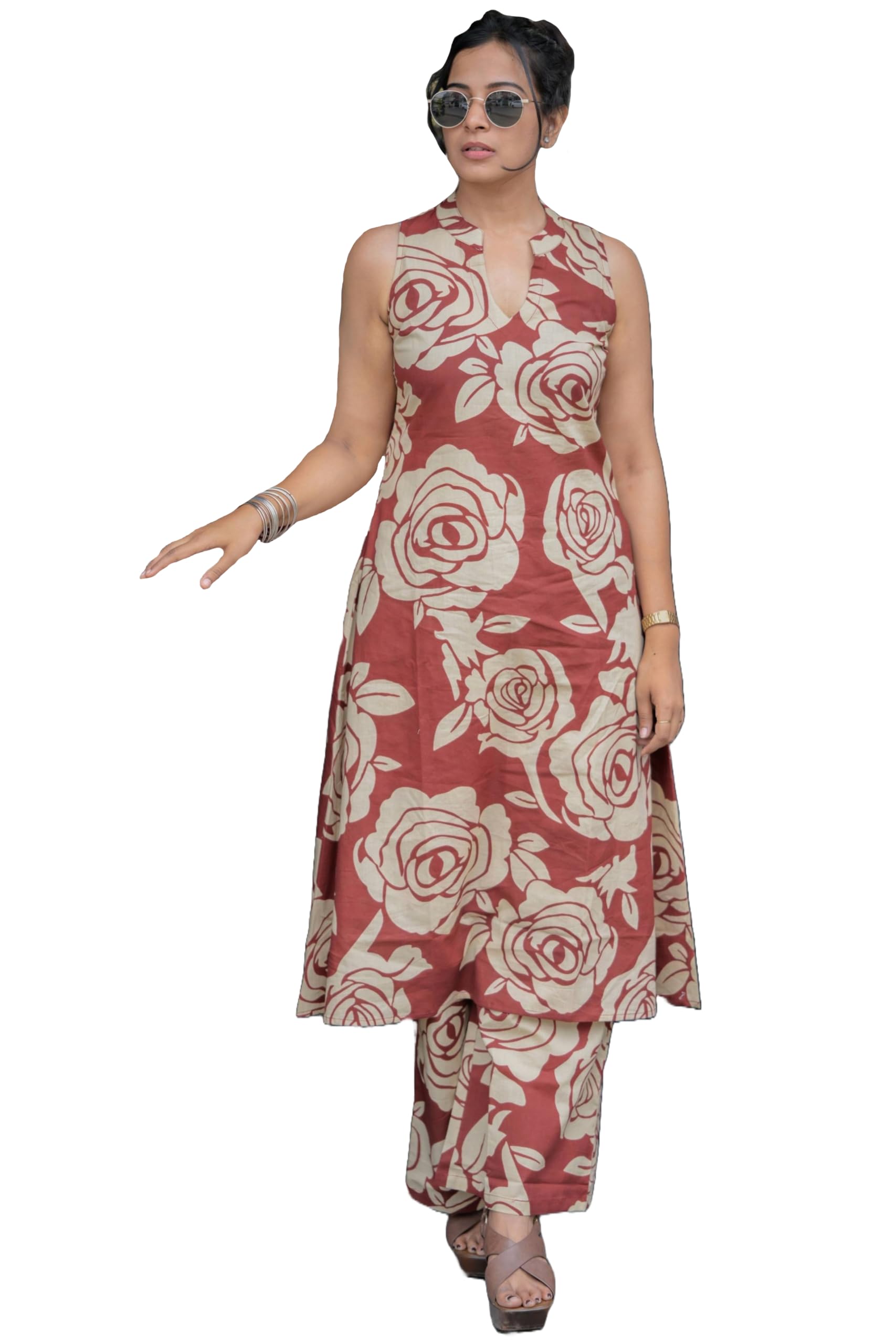 ANNI DESIGNER Womens Rayon Viscose A-Line Printed Kurta with Palazzo (AADAT RED_L_Red_Large)