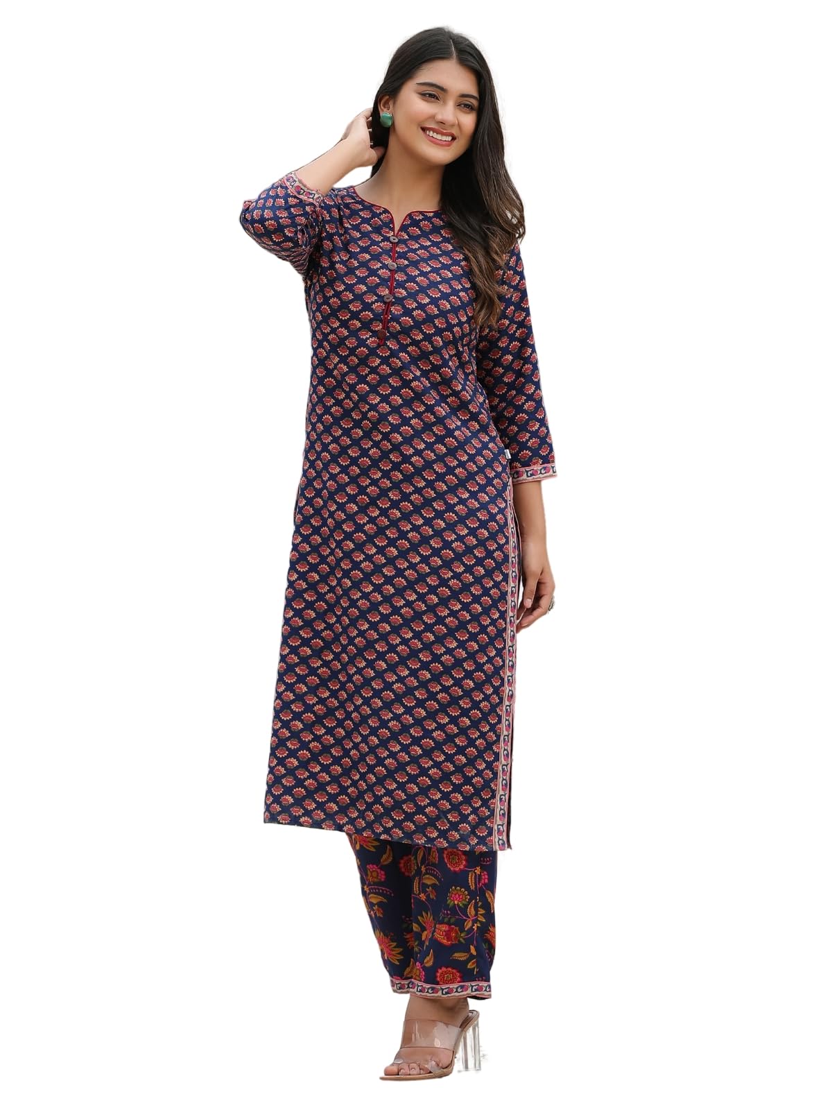 DHRUVI TRENDZ Women Cotton Blend Fancy Kurta Set Regular Fit Printed (DT-K2706&P128_Blue_S)