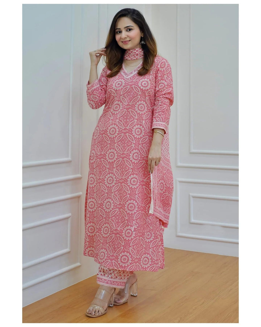 ANNI DESIGNER Womens Cotton Blend Block Printed Straight Kurta with Pant & Dupatta (Nihira Pink_M_Pink_Medium)