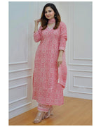 ANNI DESIGNER Womens Cotton Blend Block Printed Straight Kurta with Pant & Dupatta (Nihira Pink_M_Pink_Medium)