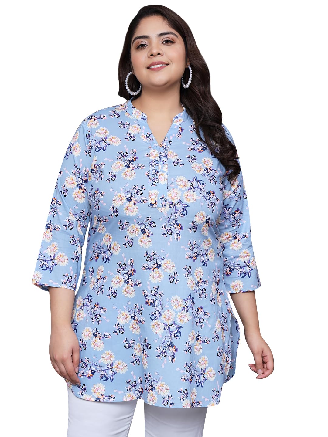 Tissu Womens Plus Size Sky Blue Floral Printed Pure Cotton Kurti (2257_Blue_4XL)