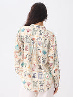 The Souled Store Textured Shirt: Mahjong Tiles Women and Girls Long Sleeves Collared Neck Button Front Beige All Over Printed Ov