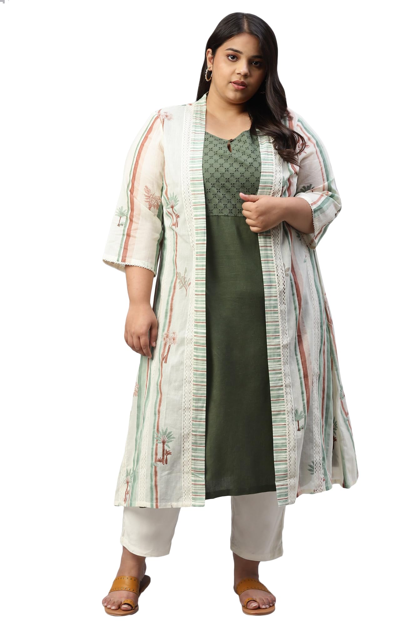 W For Woman Women'S Green Plus Size Schiffli Kurta With Printed Jacket (22Auw17849G-118398_Ecru