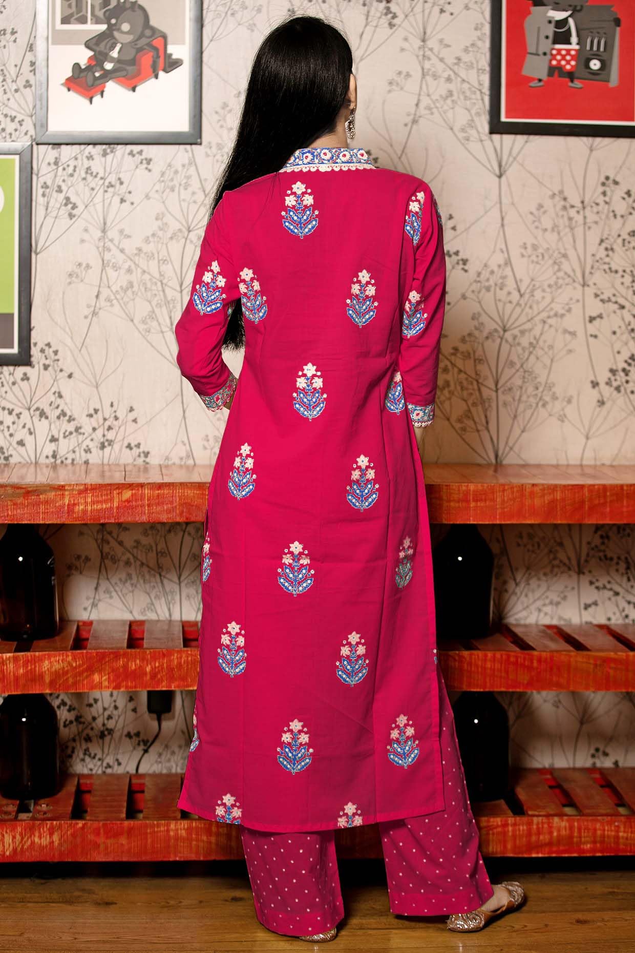 ANNI DESIGNER Womens Rayon Viscose Floral Straight Kurta with Pant & Dupatta (Belagavi Mustard_Pink_Large)