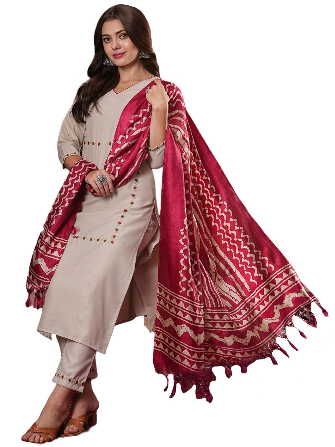 ANNI DESIGNER Ladies Cotton Blend Embroidered Straight Trousers Kurta Dupatta