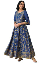 Aurelia Blue Foil Cotton Regular Kurta With Zari Embroidery