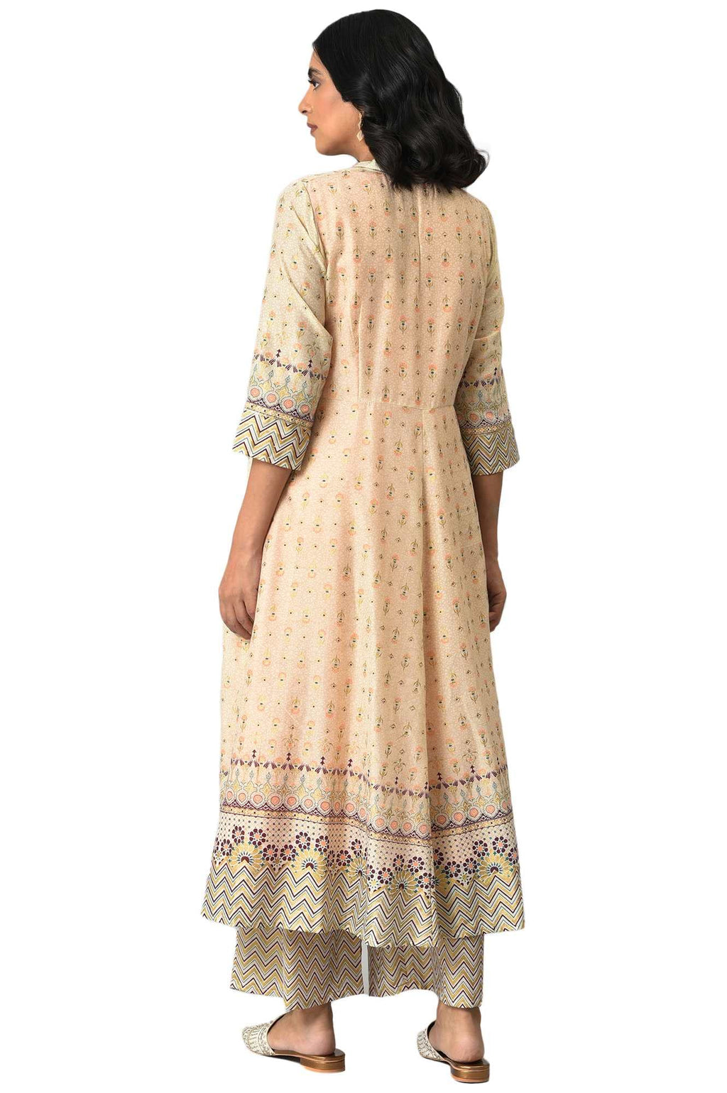 Aurelia Womens Beige Printed Front Open Gilet With Peach Inner Kurta And Beige Straight Palazzo_22AUD10439-503225_S
