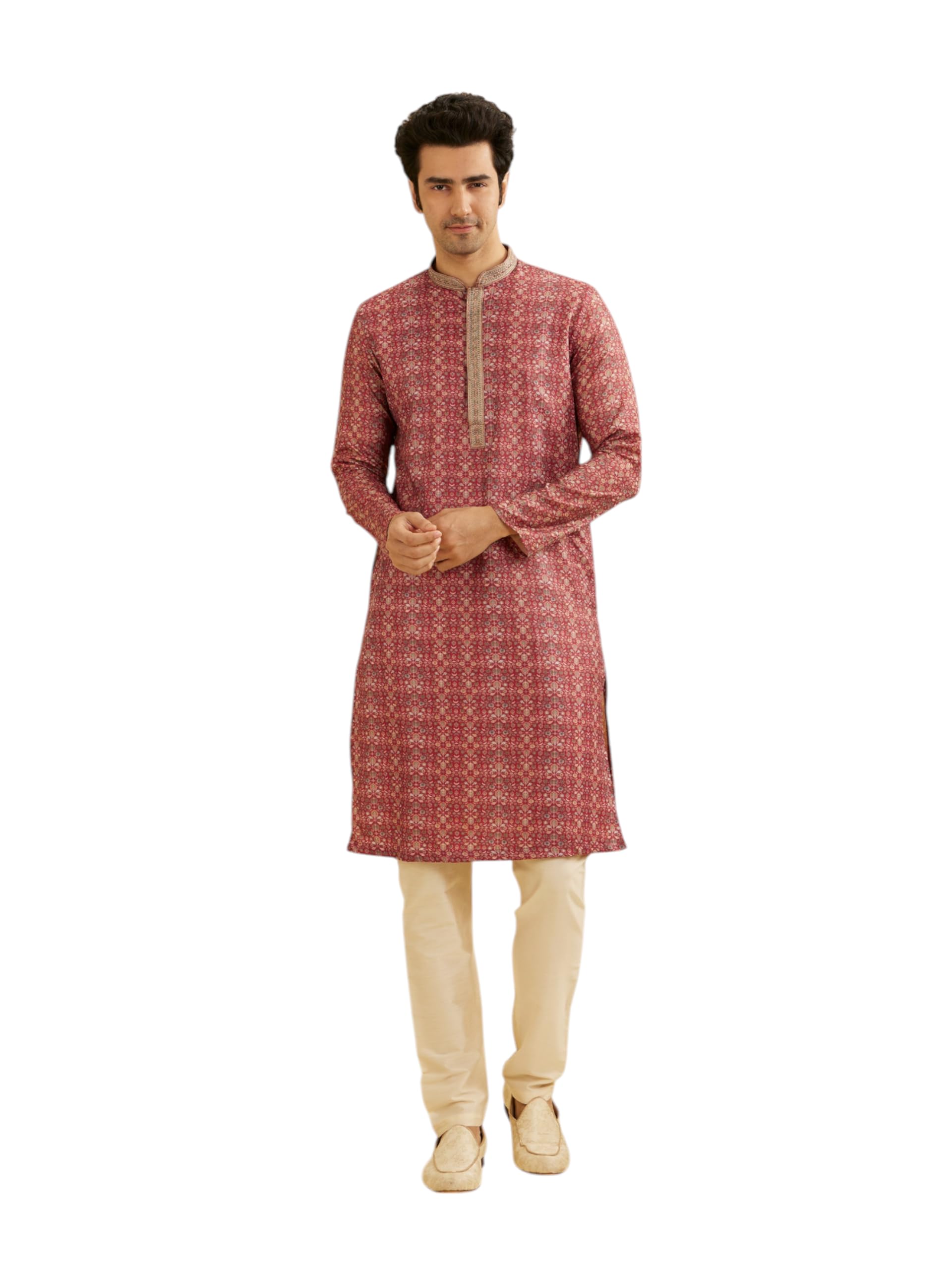 Manyavar Mens Blended Viscose Digital Print Kurta Set (Rust,XXL)