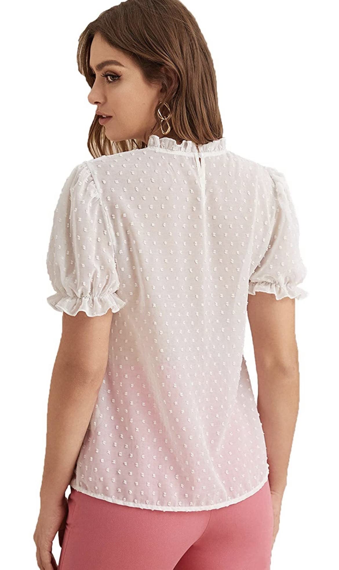 Pujia Mills Women Casual high Neck Top Puff Sleeve (Avina BUTTI) White