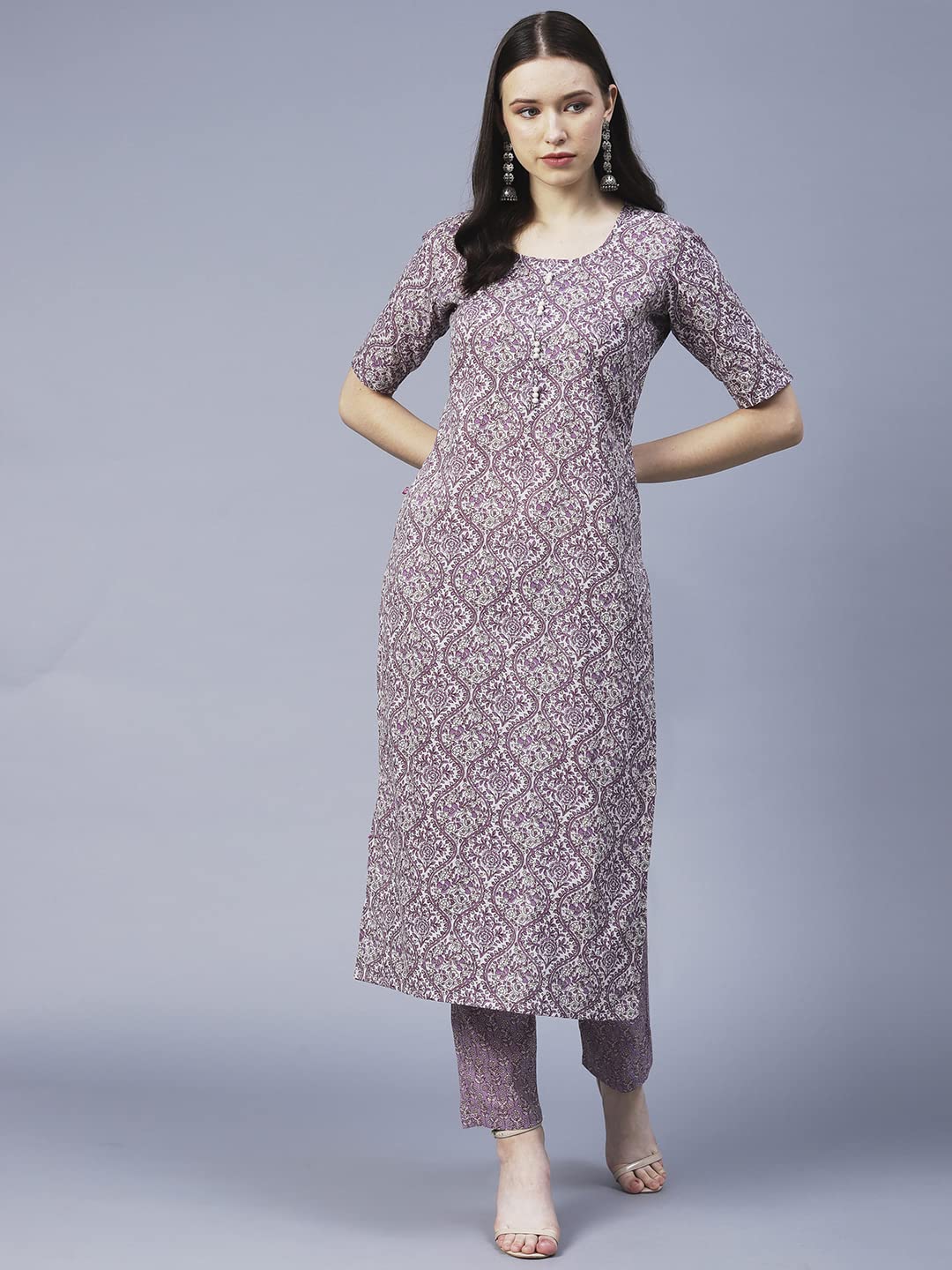 ANNI DESIGNER Womens Cotton Blend Straight Floral Printed Kurta and Pant (BATAKLI-Purple-SM_XL_ Purple_X-Large)