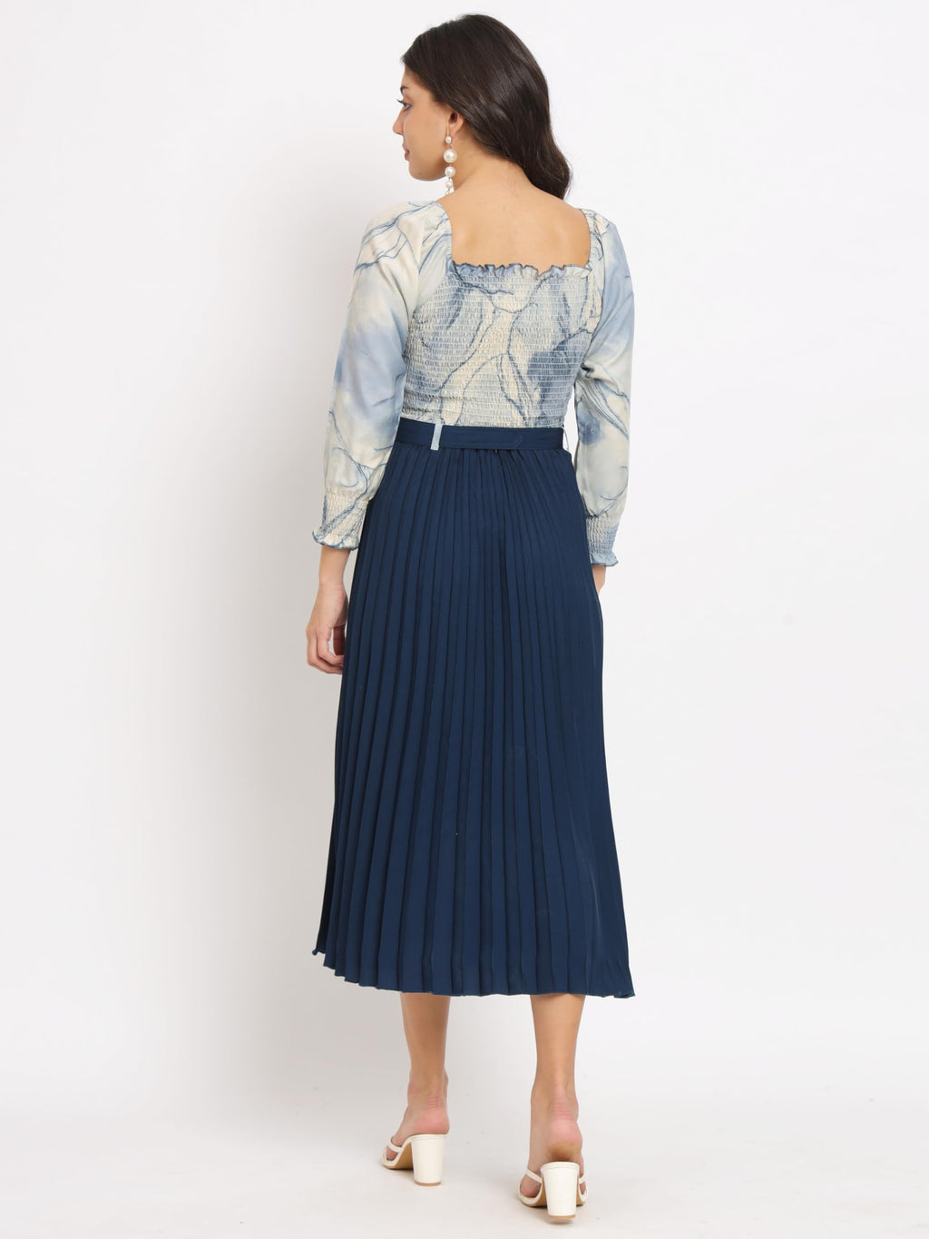KZULLY Women A-Line Knee-Length Dress with Pleats, Has an Square Neck, Printed Top Comes with A Belt Blue