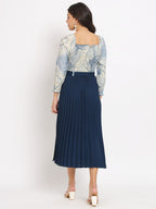 KZULLY Women Knee Length A-Line Dress with Pleats, Has an Square Neck, Printed Top Comes with A Belt Blue