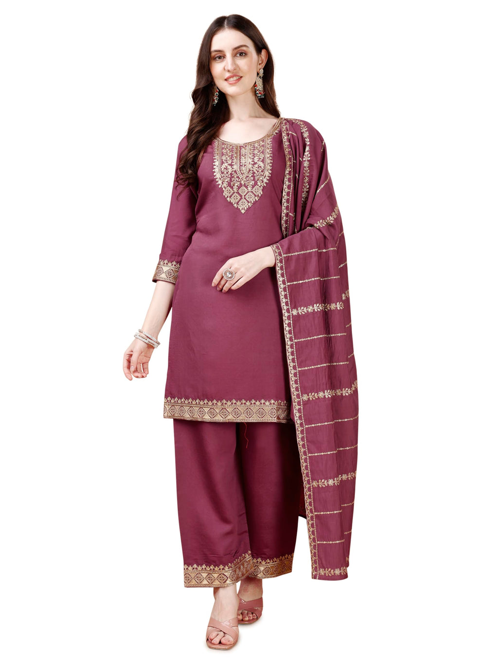 Pratham Blue Women'S Chanderi Silk Embroidered Straight Kurta With Palazzos And Dupatta (Pb-6111-L_Purple)