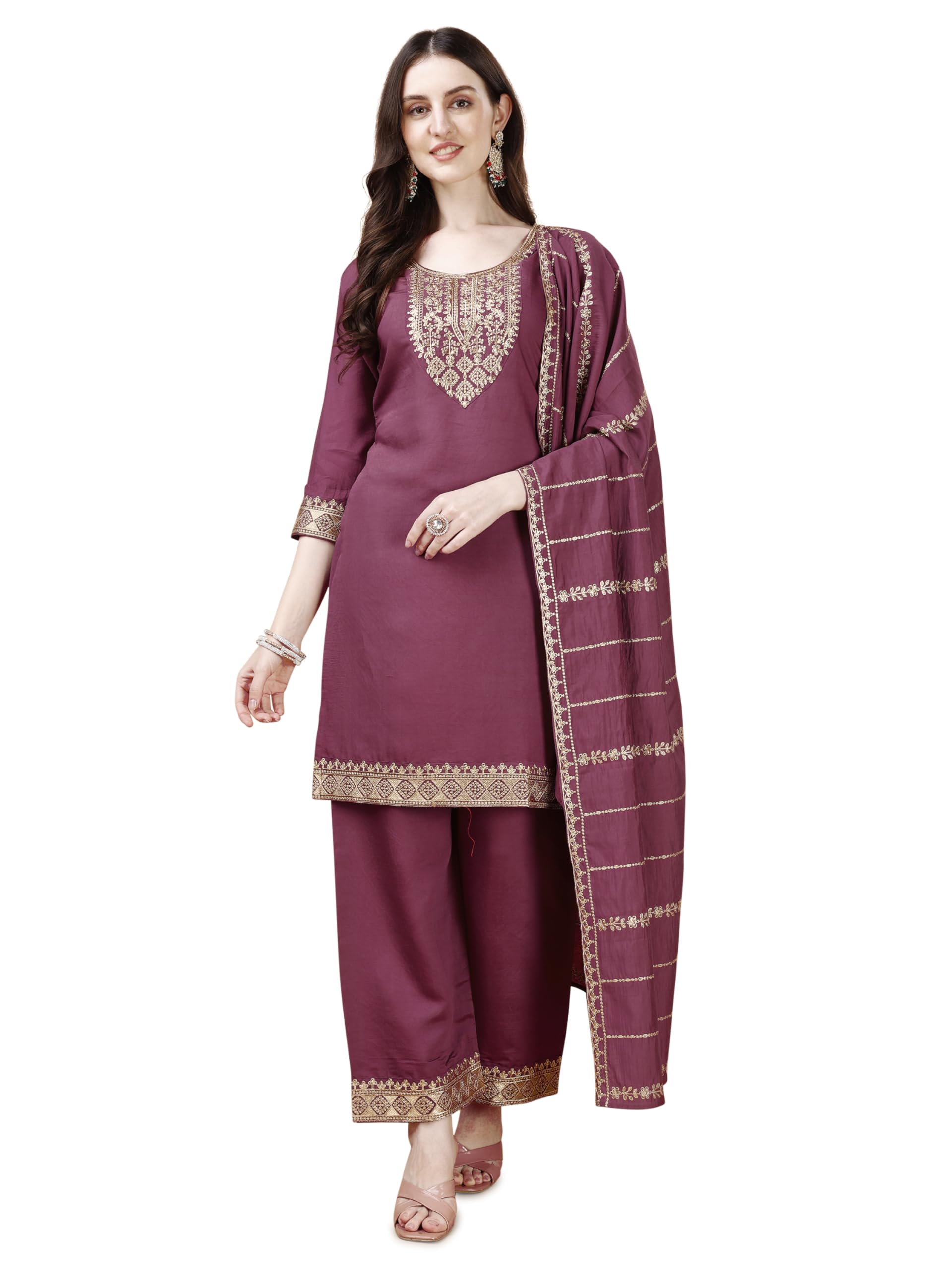 Pratham Blue Women'S Chanderi Silk Embroidered Straight Kurta With Palazzos And Dupatta (Pb-6111-L_Purple)