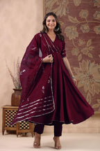 ANNI DESIGNER Womens Rayon Blend Anarkali Solid Kurta with Pant & Dupatta (NIRMOOHA Wine_XL_Wine_X-Large)