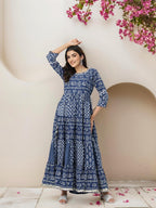 Ishin Navy Blue Cotton Floral Printed Tiered Dress