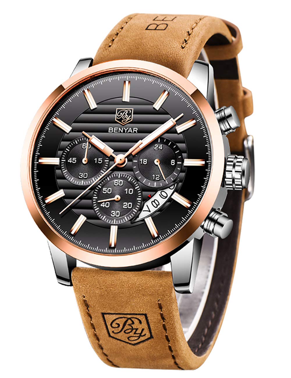 BENYAR Quartz Chronograph Waterproof Watches Business and Sport Design Leather Band Strap Wrist Watch for Men (Brown Gold Black)