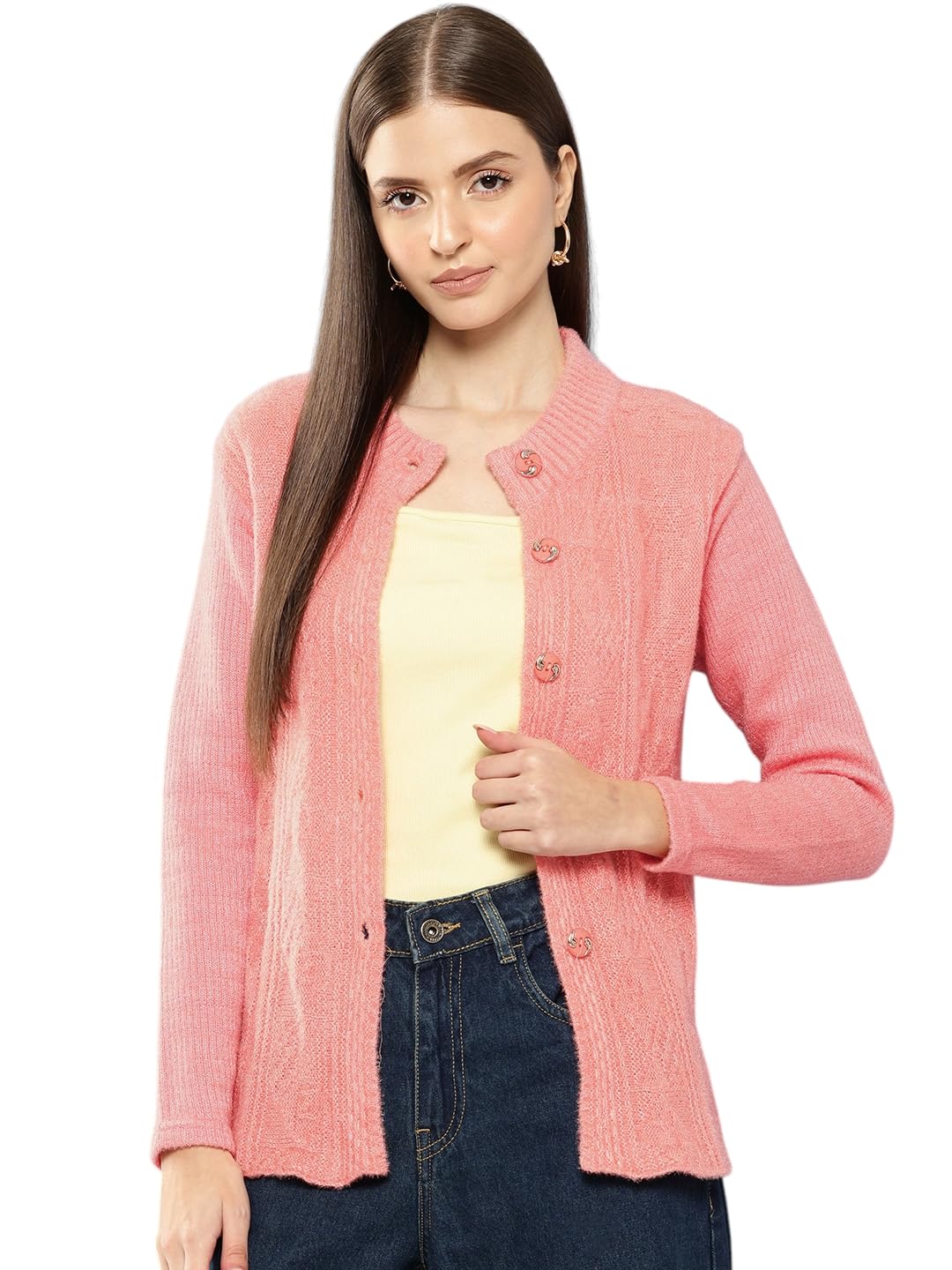 Aarika Womens Peach Colour Solid Woolen Cardigan (S-L)
