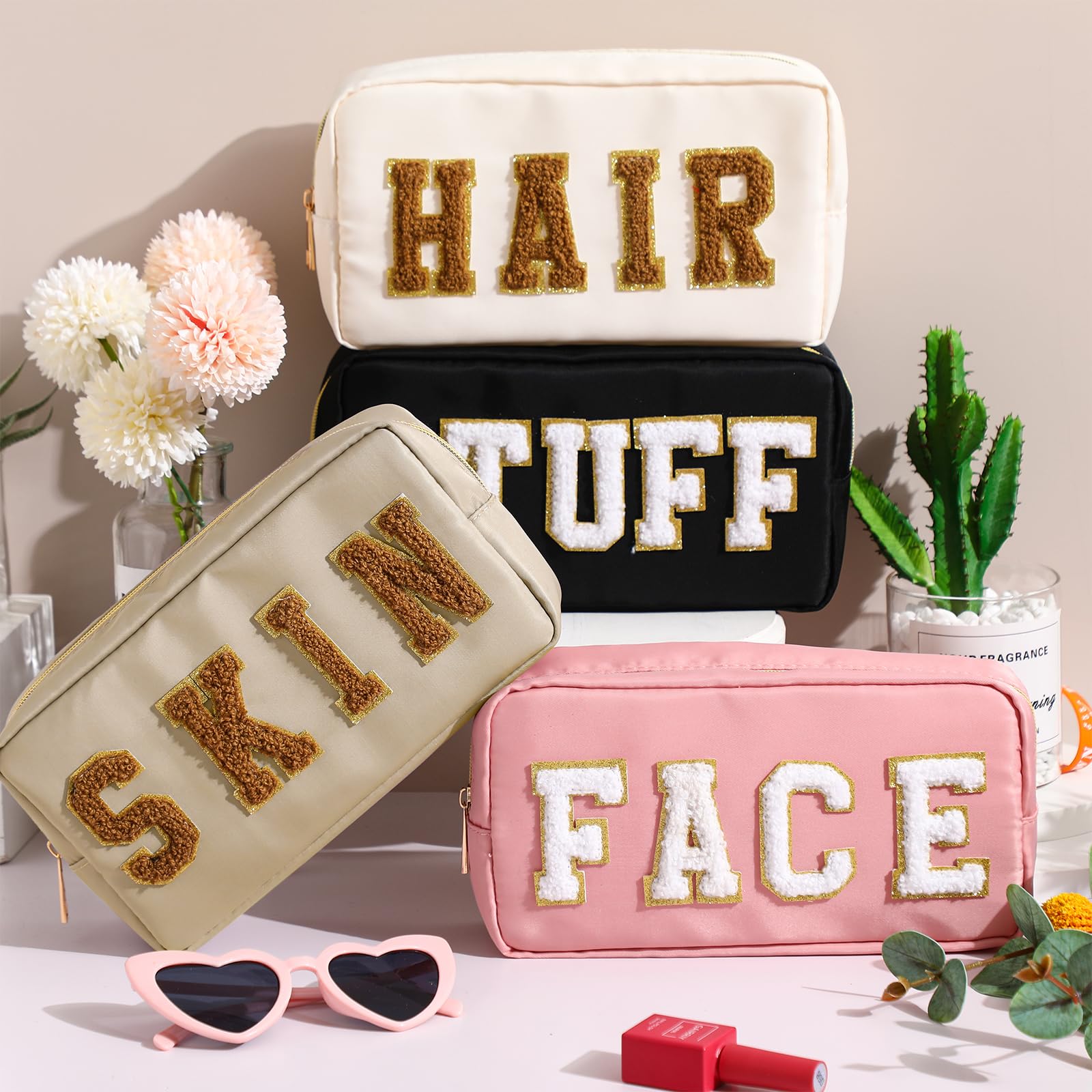 4 Pcs Preppy Makeup Bag Chenille Letter Nylon Cosmetic Bag Makeup Organizer Bag Toiletry Cosmetic Case Preppy Bag with Zipper St