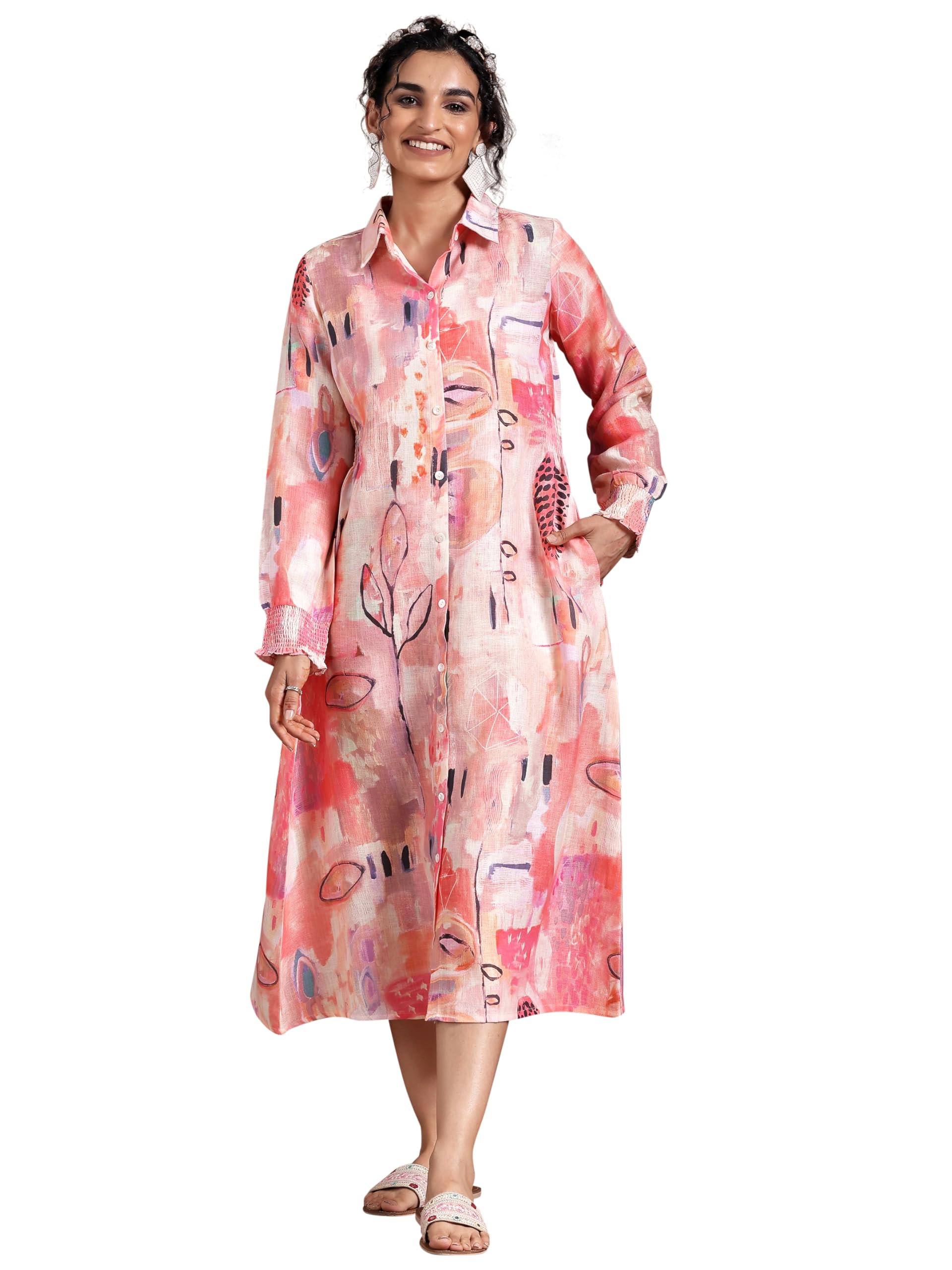 Libas Womens Printed Linen A-Line Dress For Women Peach
