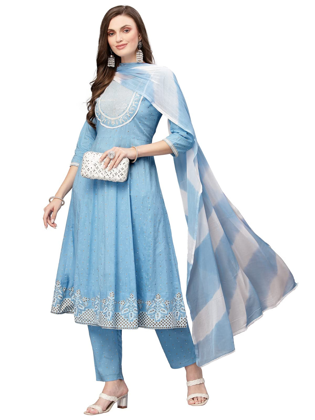 Stylum Womens Printed & Embroidered Cotton Anarkali Kurta Pant Dupatta Set