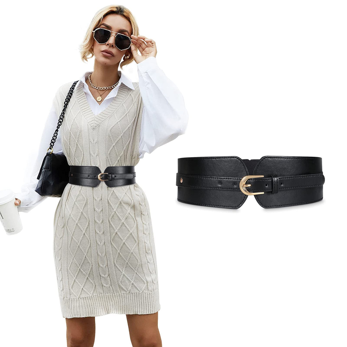 Palay Belt For Women Dresses, Black Pu Waist Metal Buckle Design 23-33