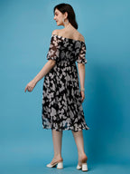 Trillmixa WomenS Georgette Midi Dress With Floral Printed Pattern Half Sleeves Knee Length Round Neck And Regular Fit Black