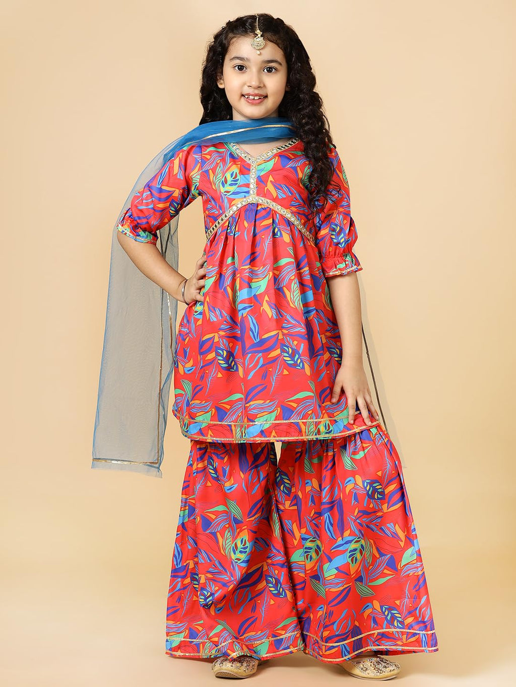 A.T.U.N. (All Things Uber Nice) Red Floral Printed Kurti, Sharara With Dupatta Set For Girls