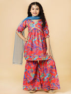 A.T.U.N. (All Things Uber Nice) Red Floral Printed Kurti, Sharara With Dupatta Set For Girls