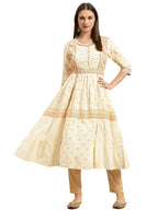 Rangita Cream Cotton Calf Length Embroidered Anarkali Kurti For Women | Kurta For Women_Xl