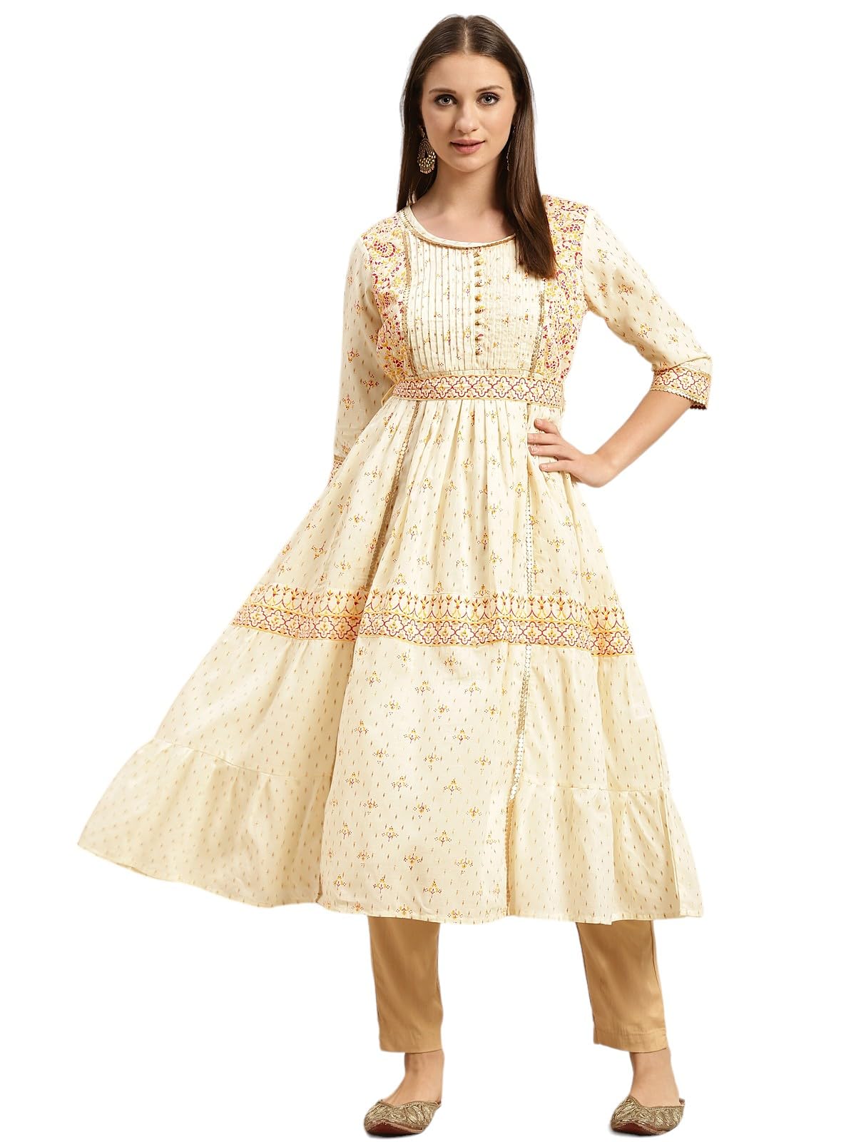 Rangita Cream Cotton Calf Length Embroidered Anarkali Kurti For Women | Kurta For Women_Xl