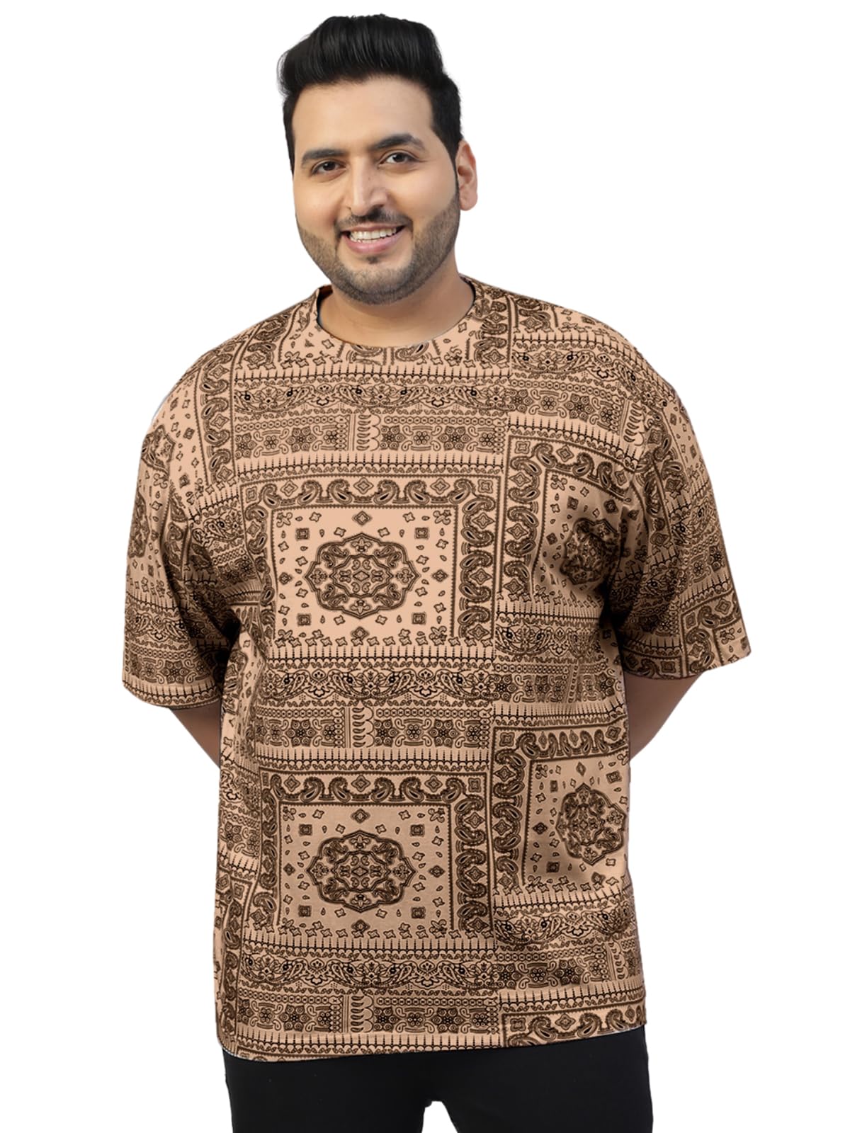 Veirdo Men's 100% Cotton Oversized Loose Baggy Fit Drop Shoulder Paisley Printed Plus Size T-Shirt Bei