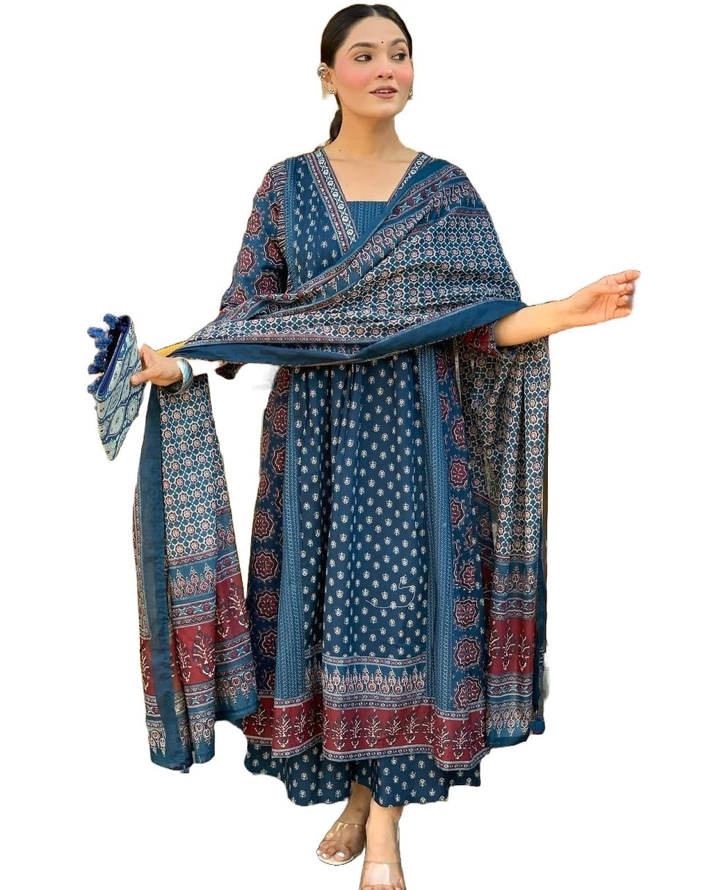 Klosia Women Printed Flared Anarkali Kurta And Pant Set With Dupatta (In, Alpha, 3Xl, Blue)