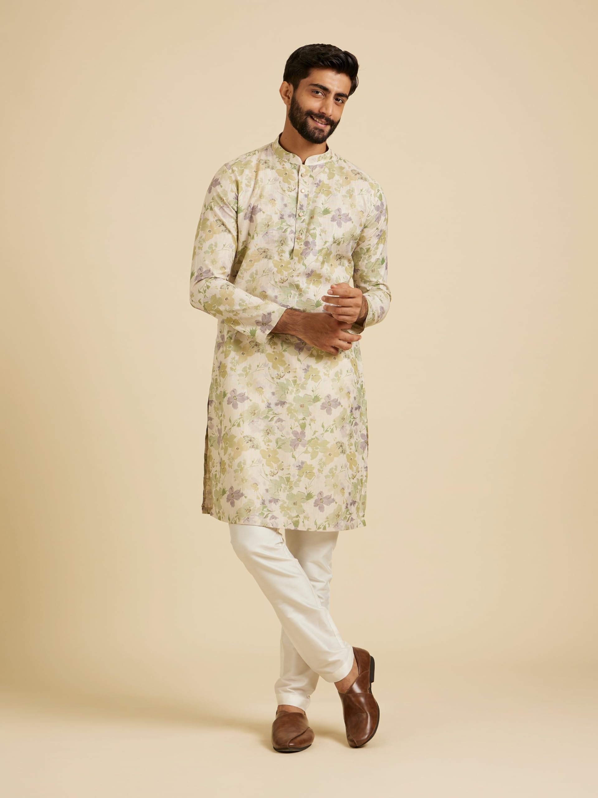 Manyavar Mens Linen Blend Digital Floral Print Long Kurta