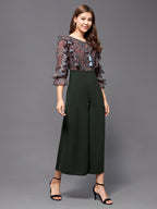 Miss Chase WomenS Multicolored-Base-Green Printed Round Neck 3/4 Sleeves Polyester Ruffled Regular Length Jumpsuit (Mcss22D15-4