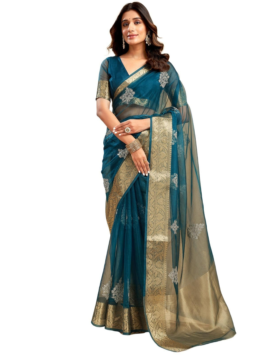 Satrani Womens Organza Sequins Embroidery Jacquard Saree with Unstitched Blouse Piece (4031S651N_Teal Blue)