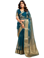 Satrani Womens Organza Sequins Embroidery Jacquard Saree with Unstitched Blouse Piece (4031S651N_Teal Blue)