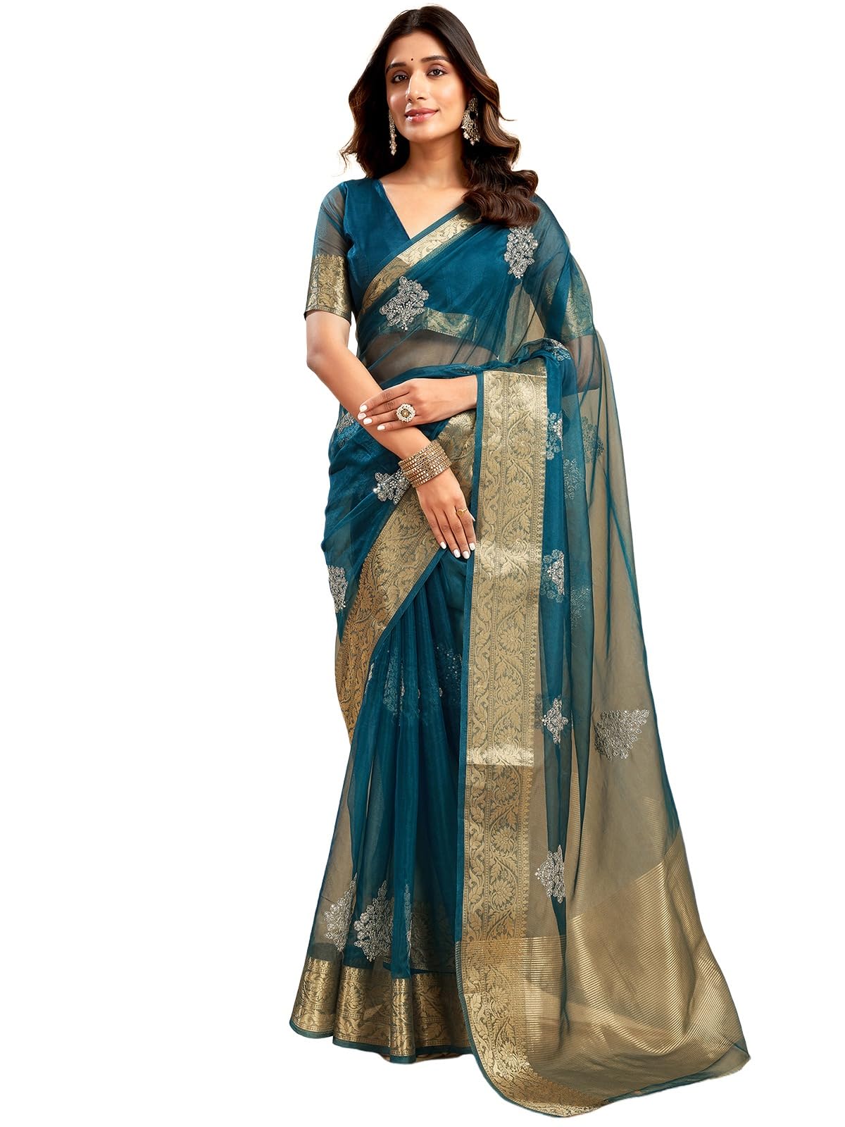Satrani Womens Organza Sequins Embroidery Jacquard Saree with Unstitched Blouse Piece (4031S651N_Teal Blue)