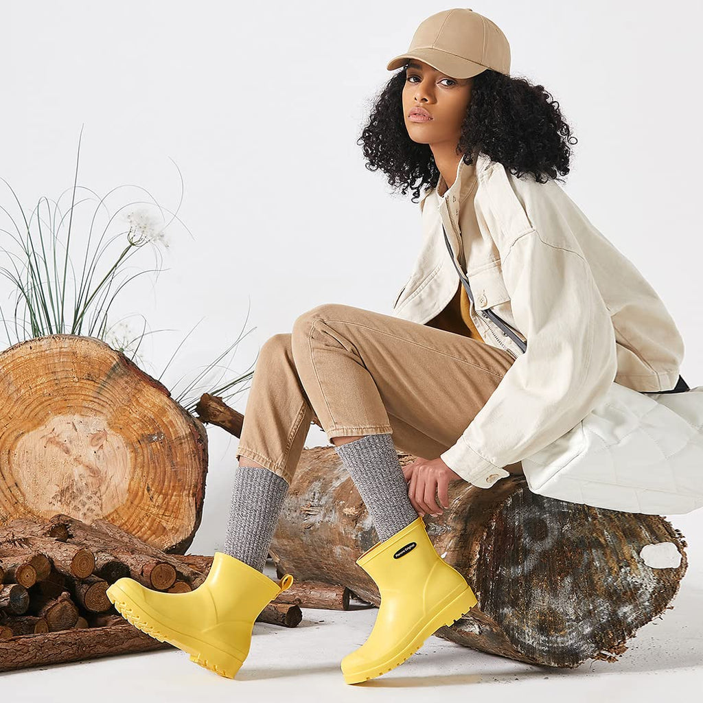 planone Short rain Boots for Women Waterproof size 7 Cream Yellow Garden Shoes Anti-Slipping Rainboots for Ladies Comfortable In
