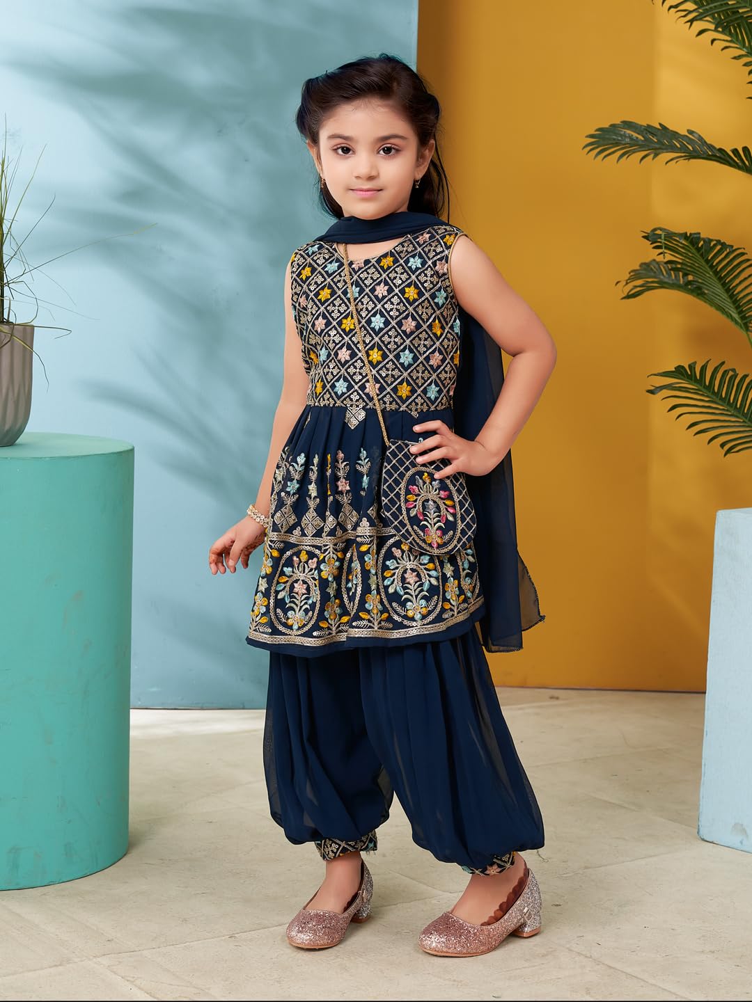 Aarika Girls Ethnic Wear Teal Blue Colour Thread Sequin Embroidery Georgette Kurti Patiala Set With Sling Bag (4-10 Years)