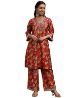 Libas Women Silk Blend Printed Co Ord Set (35902_Red, Medium