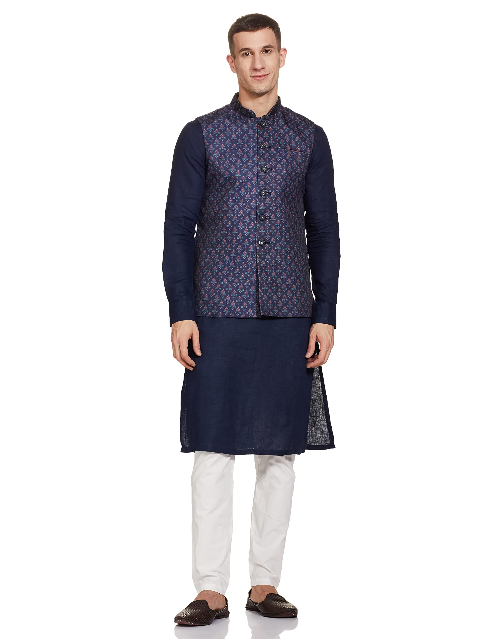 Manyavar Blue Art Silk Embroidered Celebration Kurta Jacket Set With Mandarin Collar
