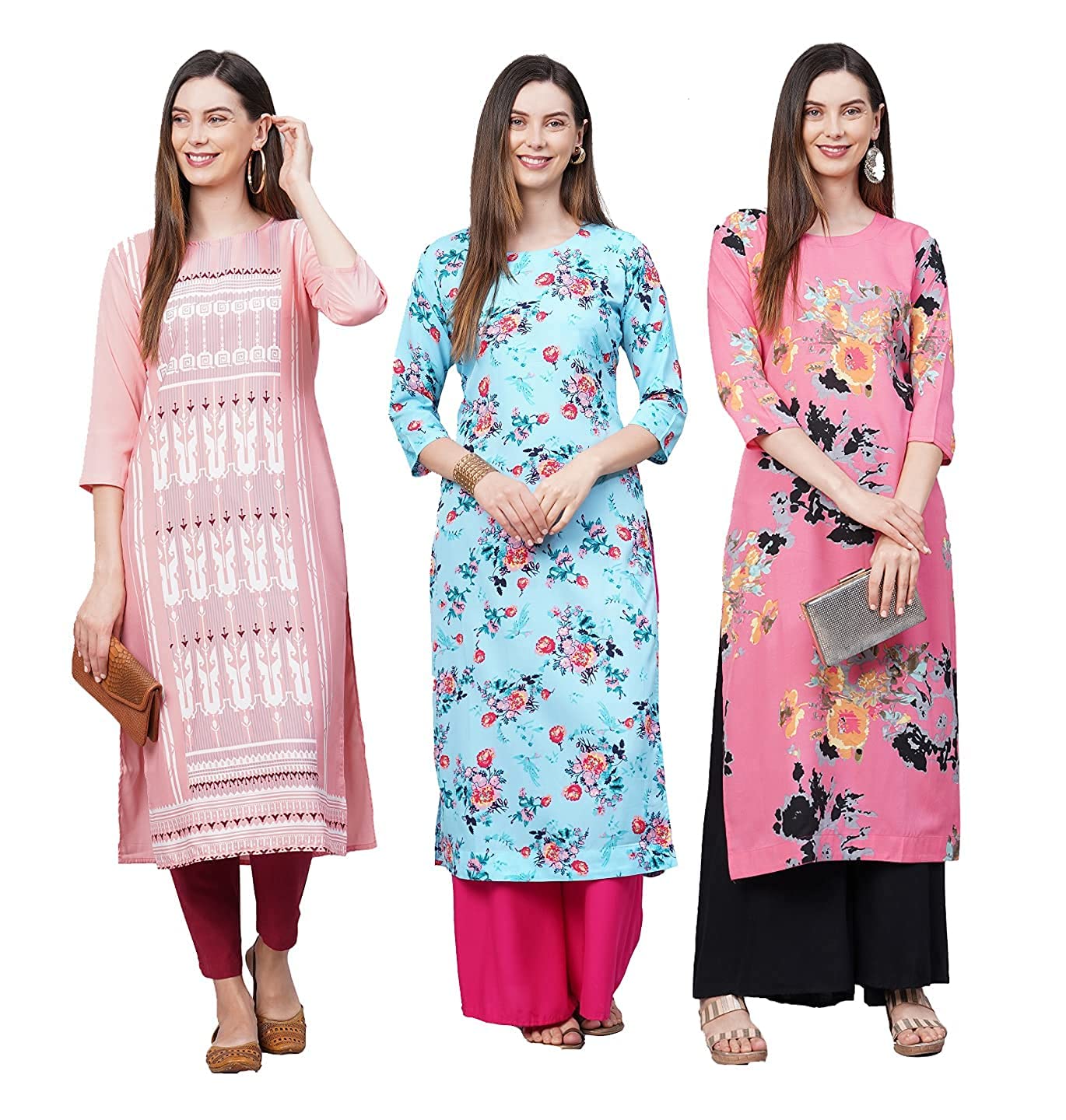 ANNI DESIGNER Women's Crepe Straight Kurta Combo Pack of 03 (CrepeCombo_3_45_ Blue_S Blue_Small)