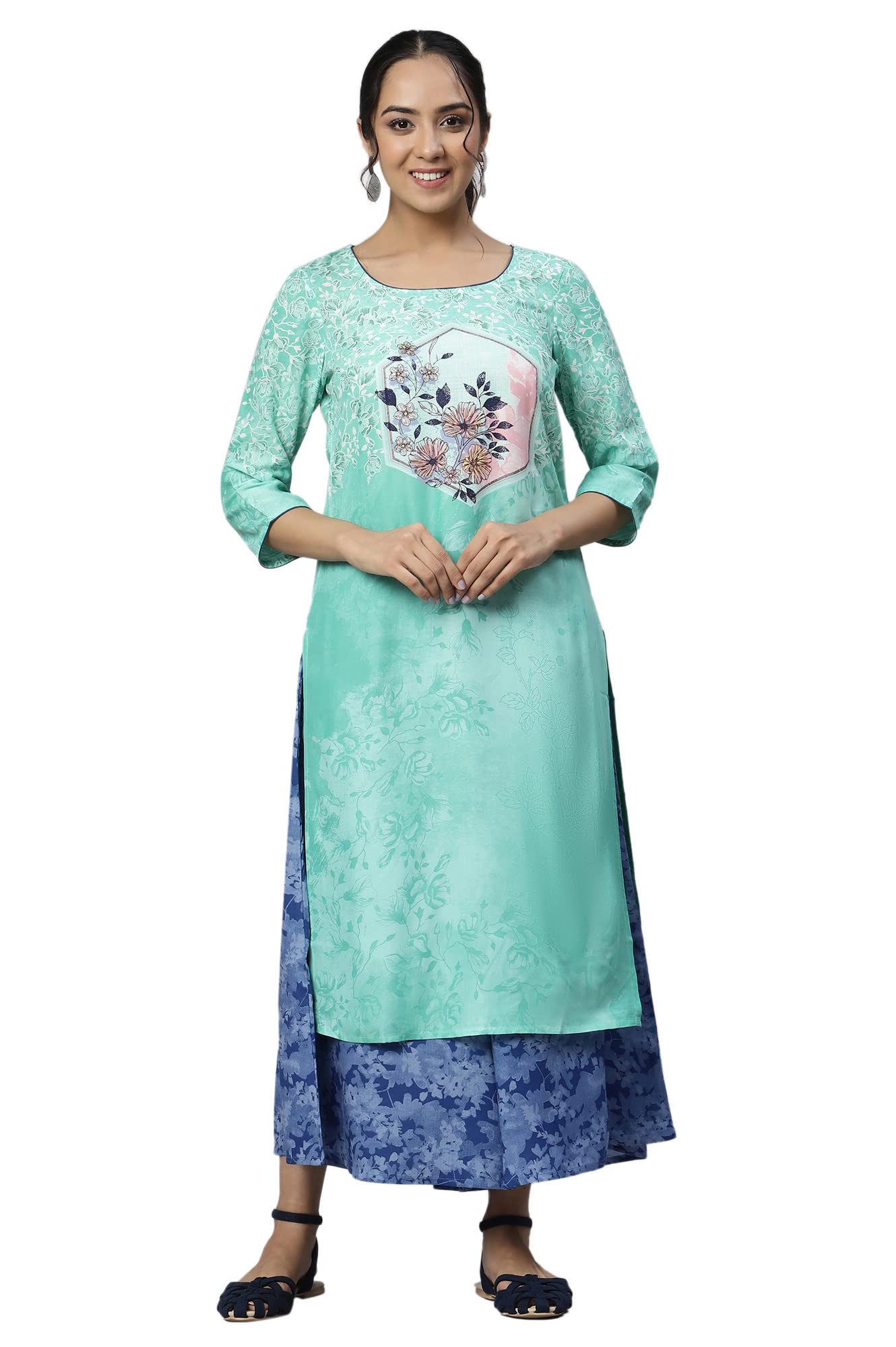 Aurelia Women Neptune Green Rayon Floral Printed Straight Kurta_22AUA13543-504555_XS