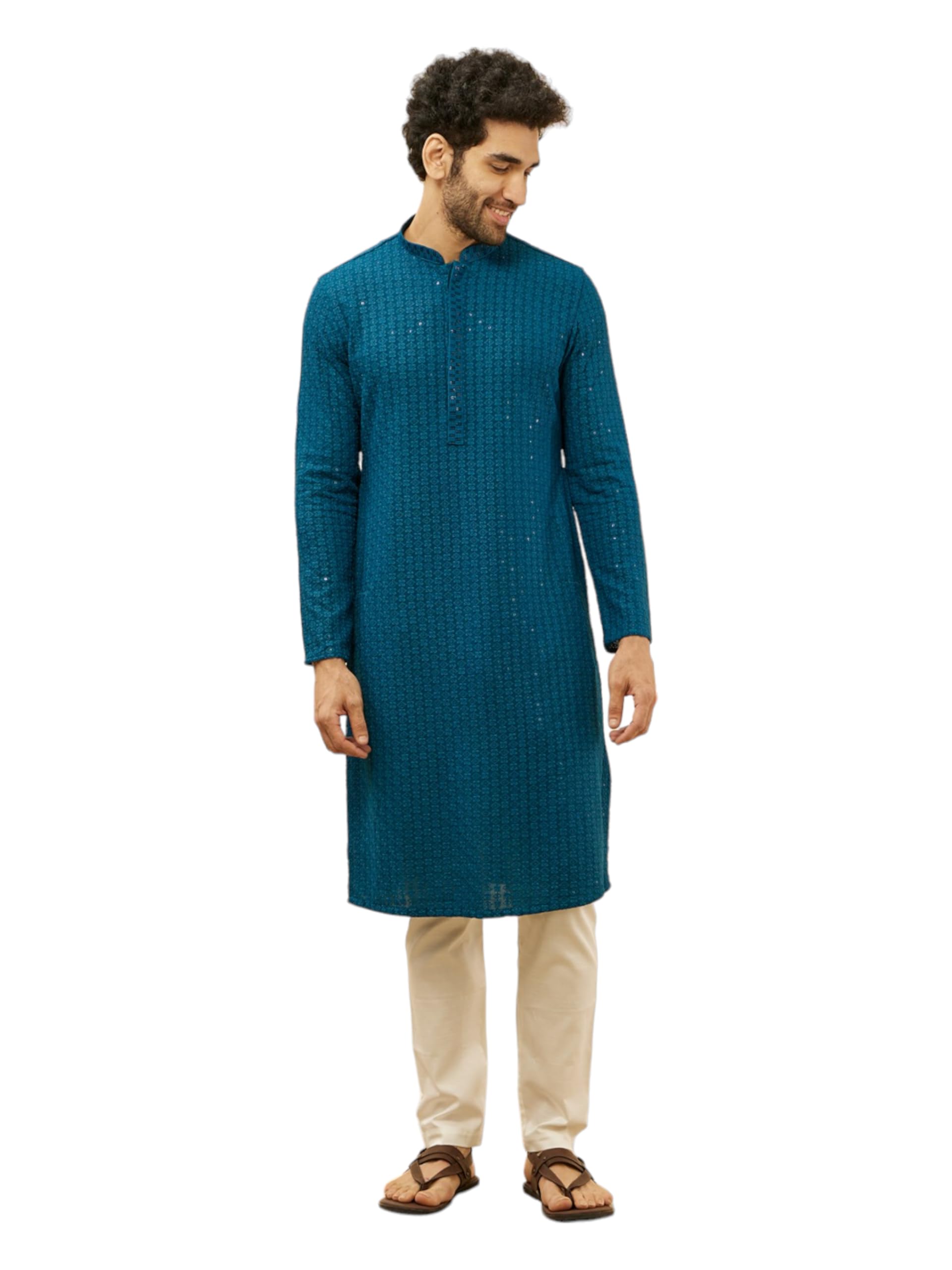 Manyavar Mens Blue Viscose Chikankari Kurta Pyjama Set